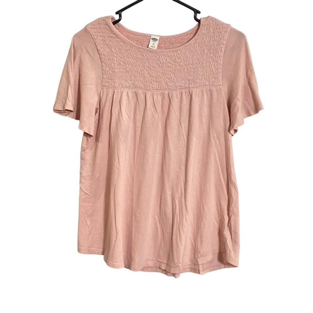 Old Navy Shirt Women's XS Pink Texured Smocked Yoke Short Flutter Sleeves Top